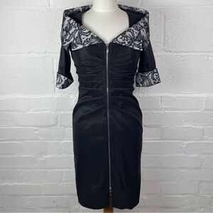 Joseph Ribkoff 12 Shimmery Black White Lace Off Shoulder Collar Zip Front Dress